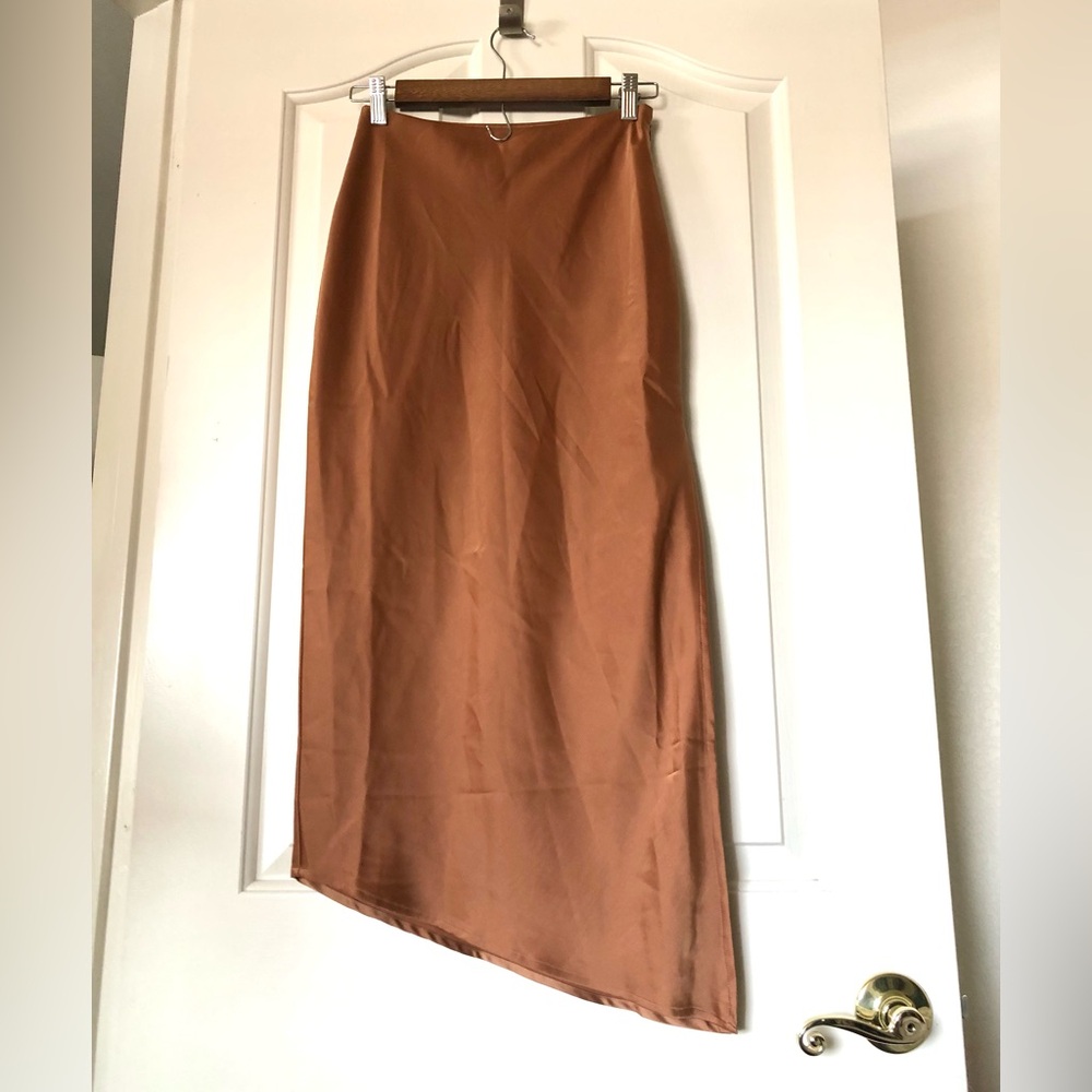 NWOT Lulu's Copper-Brown Satin High-Low Maxi Skirt